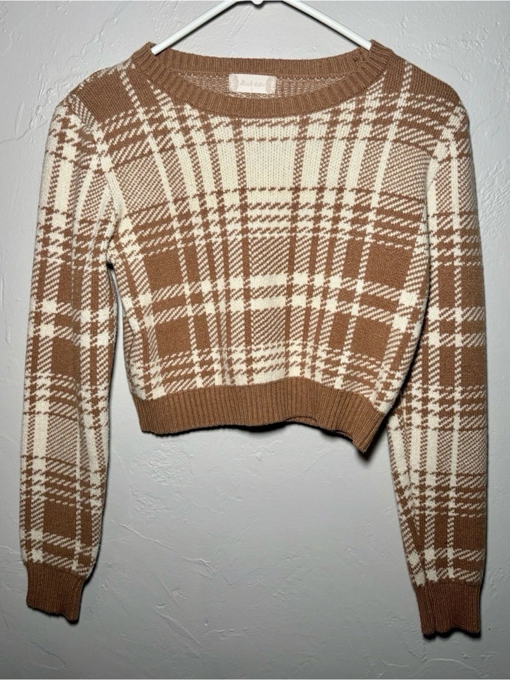 Altar'd State Cropped Plaid Knit Sweater Neutral Brown Cream Size S
